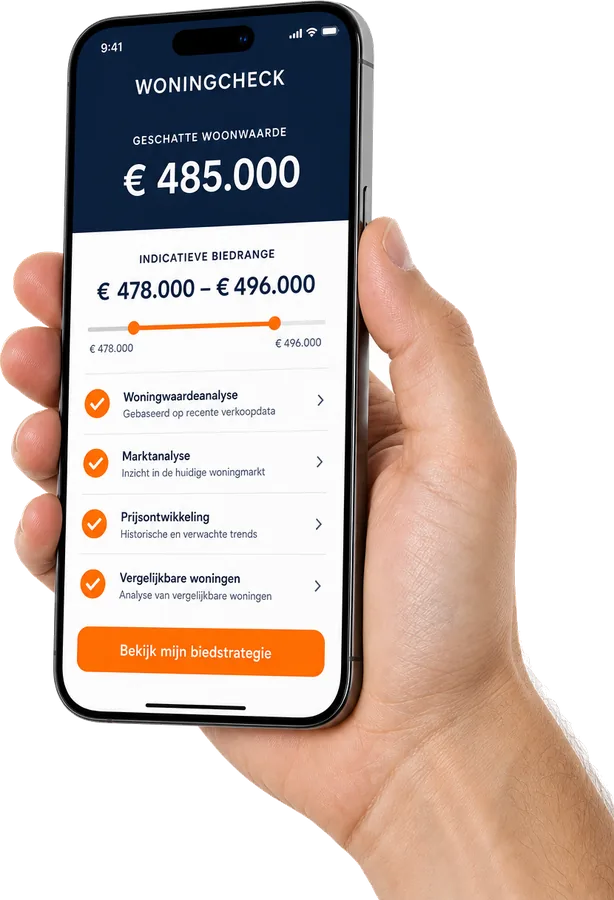 Voorbeeldweergave van de Woningcheck op een iPhone, vastgehouden in de hand